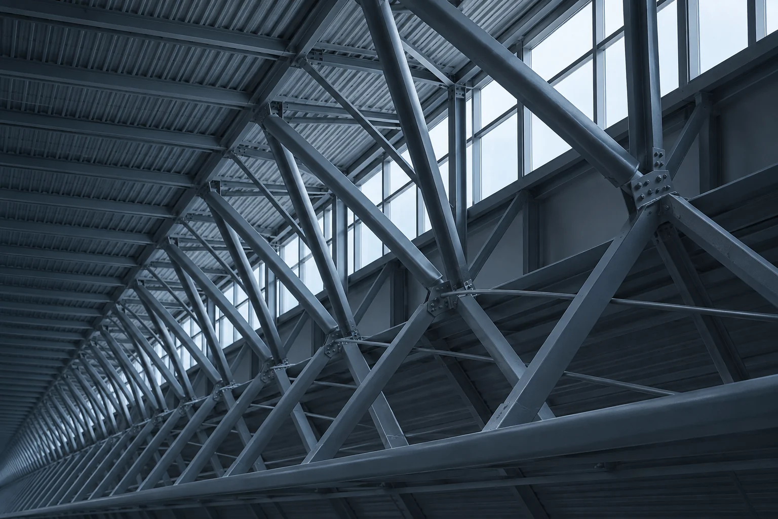 Exposed structural steel truss lattice, repeating diagonal members receding in order.